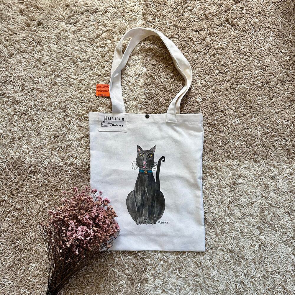 NWT Atelier M Motovun Croatia Black Cat Graphic Canvas Shopper Handbag